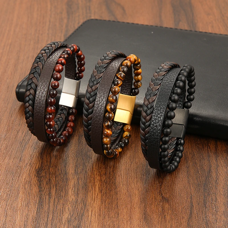 

Charm Multilayer Rope Stainless Steel Magnetic Buckle Natural Stone Leather Men's Bracelet Beaded Volcanic Stone Bangles Gift
