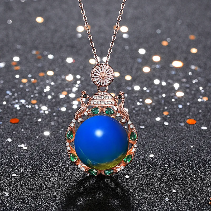 

Blue Amber Pendant Gemstone Women Charm Amulet Zircon Chinese Natural Necklace 925 Silver Fashion Gifts Crystal Jewelry