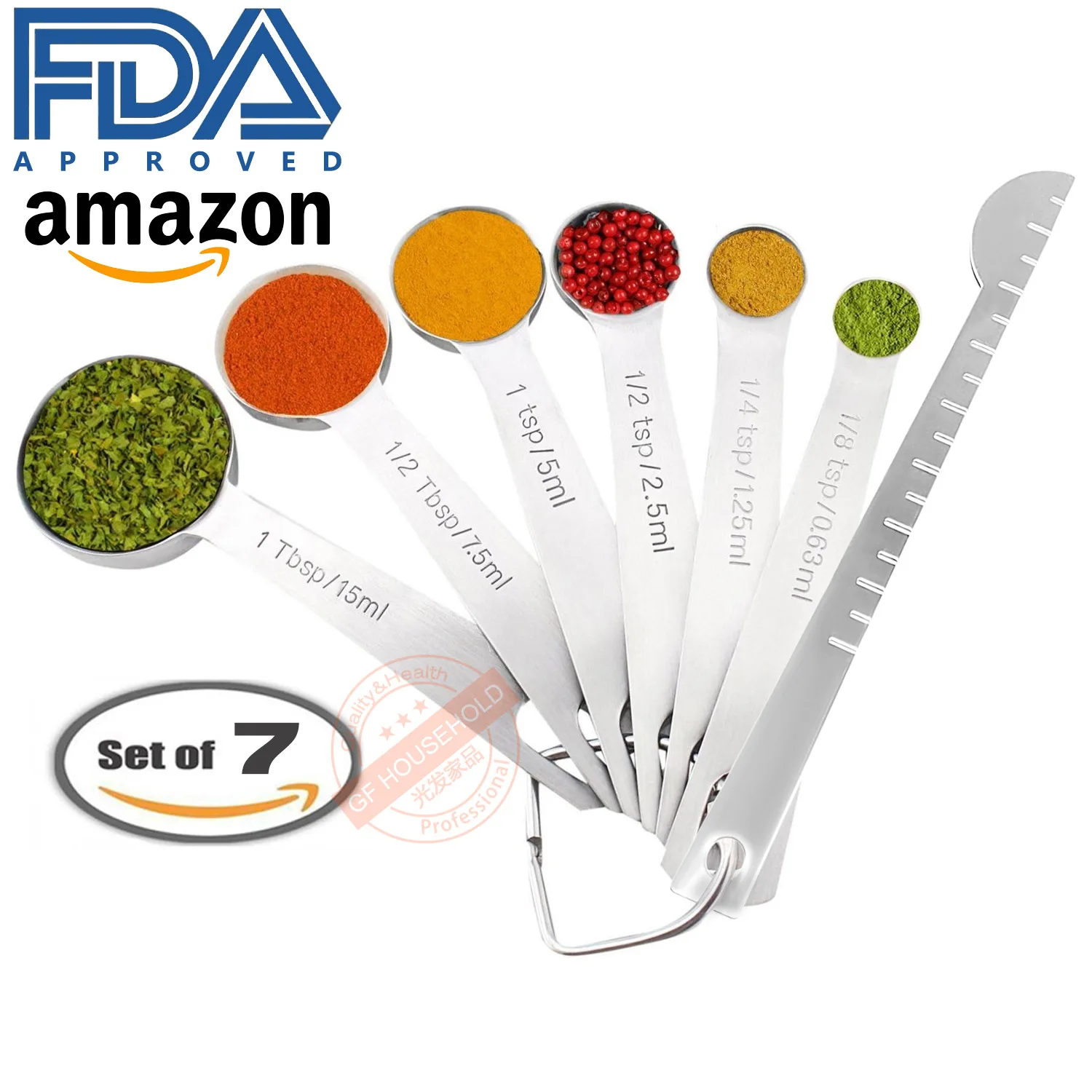 

Cross-Border Amazon Stainless Steel round Spoon 7-Piece with a Caliper Measuring Spoon Baking Scale diao wei chi Spoon