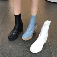 2021 korean new fashion boots platform thick high heel elegant back zipper stretch thin booties women
