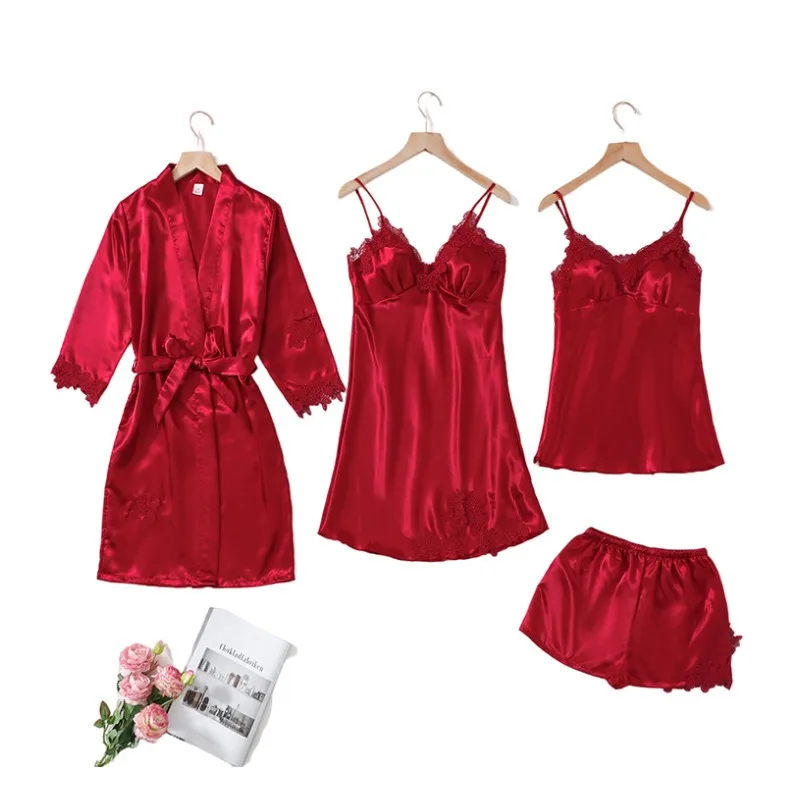 

4 Piece Set Women Silk Robe Dress Pijamas Sexys Damas Sexy Nightwear Night Gown Set Sleepwear Lingerie Dress Bielizna Nocna