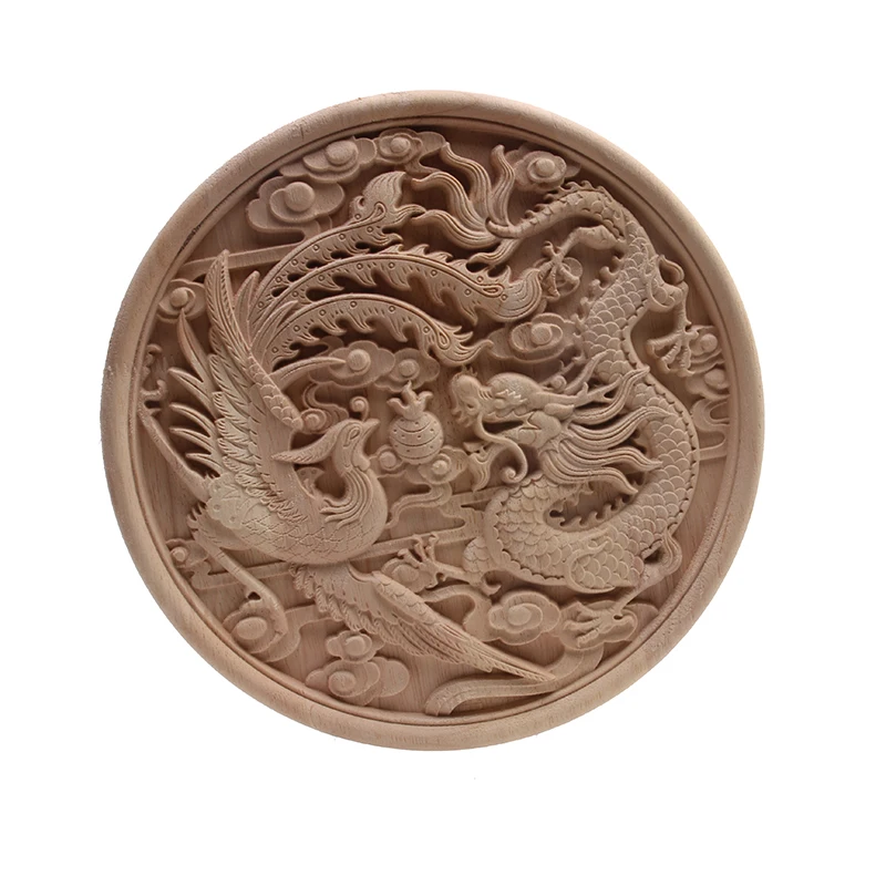 European Decal Dragon Plate Carved Solid Wood Round Flower Wood Carving Home Decoration Accessories Wholesale and Retail Onlay