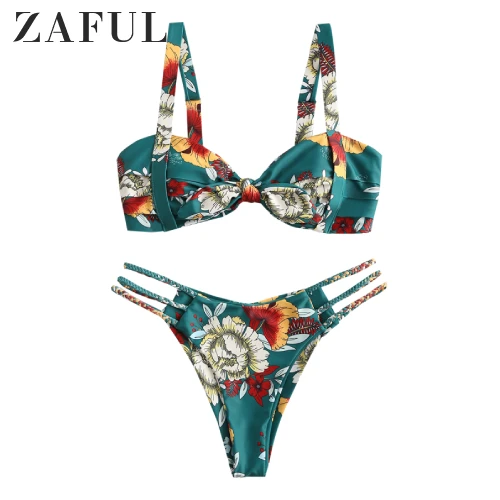 ZAFUL Women Bikini Plant Print Braided Strappy Pleated Swimsuit | Two-Piece Suits