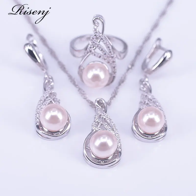 

Pink Freshwater Pearl Silver 925 Jewelry Set White Zircon Costume Jewelry Set For Women Earrings Ring Necklace Set Free Shipping