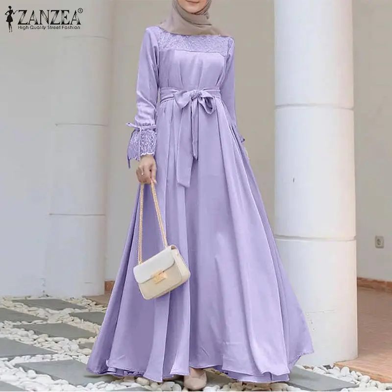 2021 ZANZEA Women Fashion Muslim Dress Long Sleeve Lace Patchwork Abaya Sundress Elegant Maxi Vestidos Marocain Robe Femme | Тематическая