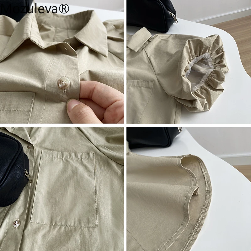 

Mozuleva Women Vintage Loose Puff Sleeve Shirts Summer Turn-down Collar Office Ladies Cotton Blouse Female Retro Tops Blusas
