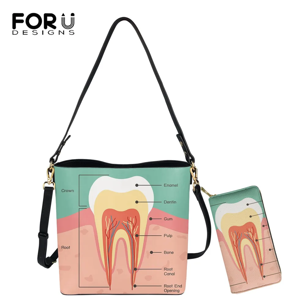 

FORUDESIGNS Women Bag Dental Equipment Print Lady Casual Tote Bag Female Leather Bucket Bags And Long Leather Wallet Bolsa Femme