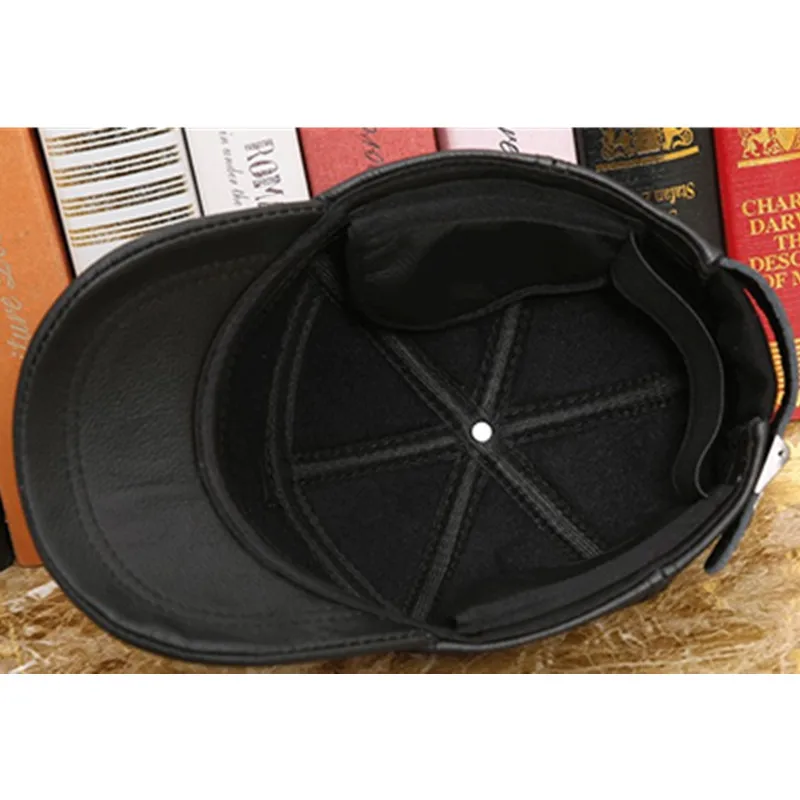

SILOQIN Man's cap Genuine Leather hat Autumn winter fashion quality cowhide Baseball caps adjustable warm Earmuffs Tongue caps