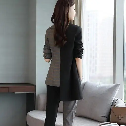 Autumn Irregular 2 Piece Set Women Office Work Top&amppants Plaid Lady Femme Woman Suit Tracksuit DC94 |