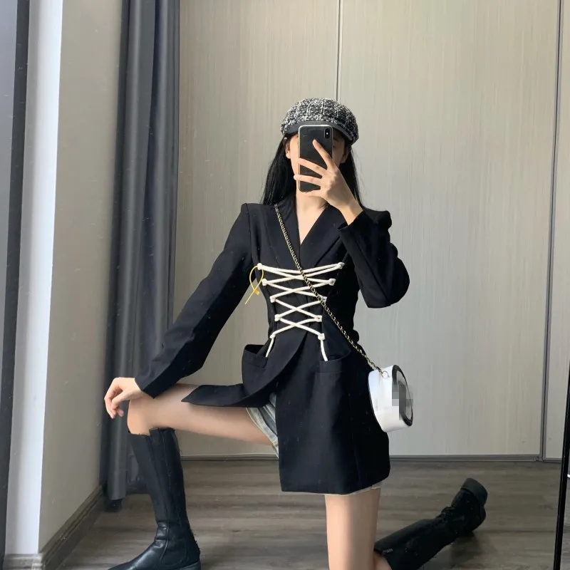 

Autumn Office Classic Black Blazers Women High Street Fashion Design Bandage Suit Jacket Female Long Sleeve Casual Outerwear