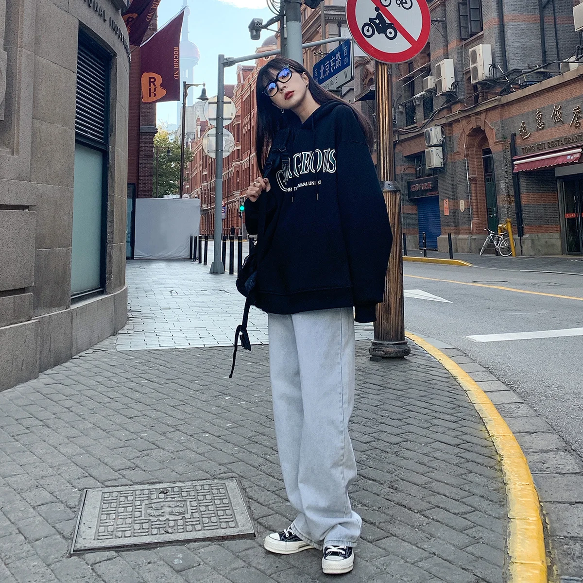 Осенне-зимняя американская плюшевая толстовка с буквенным принтом Женское