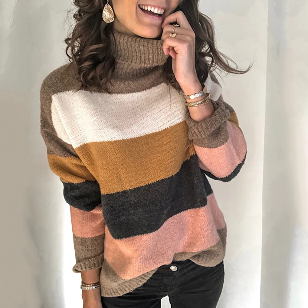 

Women Stripe Patchwork Turtle Neck Long Sleeve Autumn Winter Sweater Pullovers