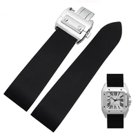 25mm rubber waterproof watchband fits for cartier santos 100 w2020007 silicone strap silver gold folding buckle black bracelet