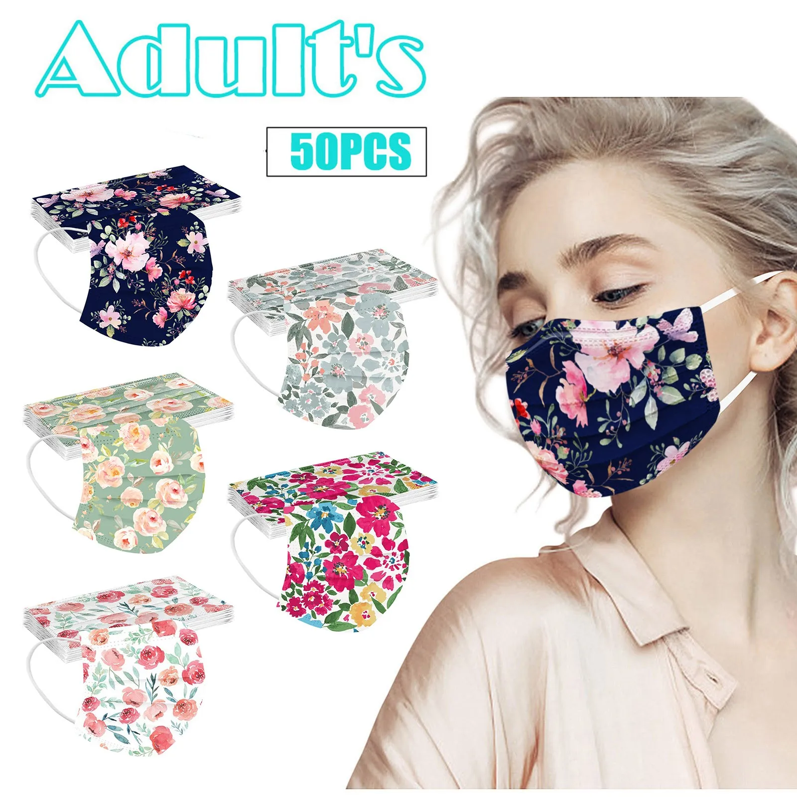 50pcs Adult Floral Printed Masks Mouth-muffle Disposable Flower Pattern Face mask 3 Layer Ply Meltblown Cloth Filter Facemask | Красота и
