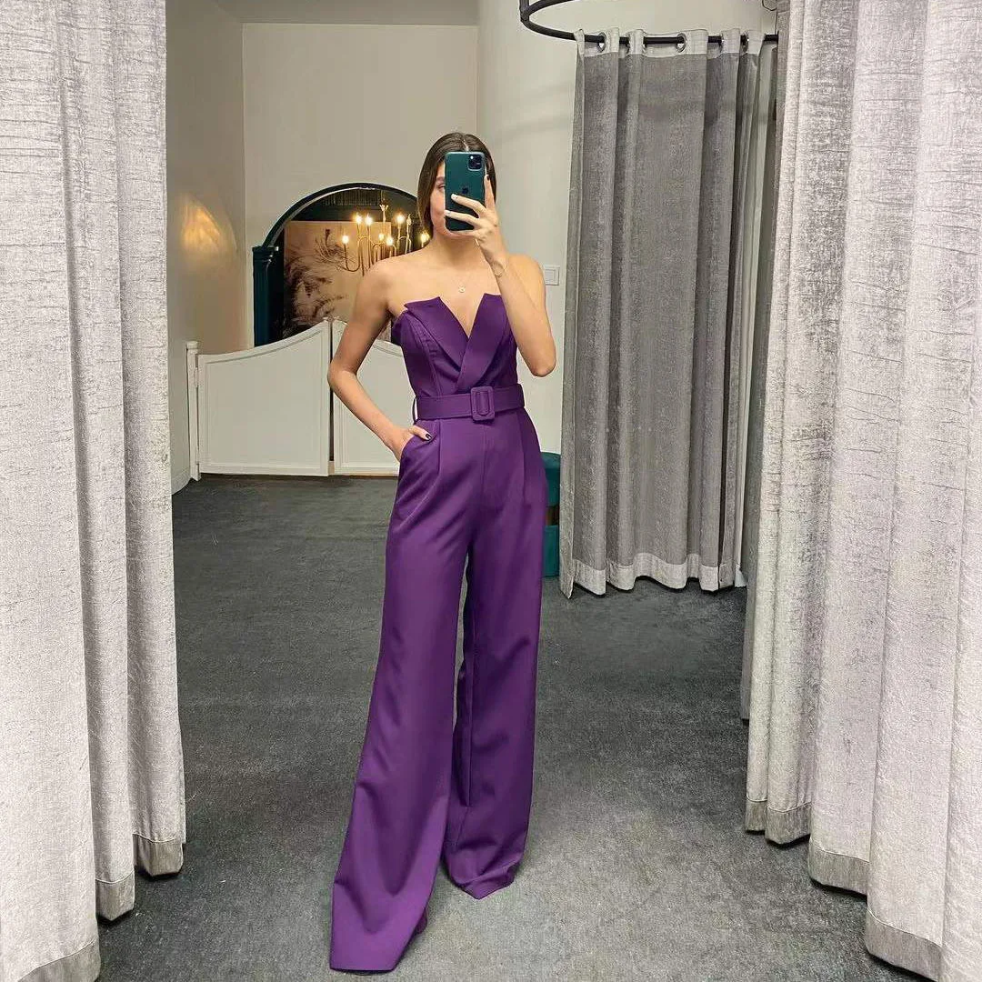

Jumpsuit Long Rompers Womens Elegant V-Neck Sleeveless Sashes Strapless Playsuits Formal Party Pants Combinaison Femme