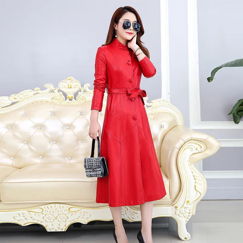 Куртка из искусственной овечьей кожи длинное пальто женские осенние красные