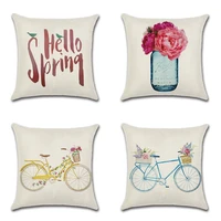 hello spring flowers bicycle vase printing pillow cover home decoration sofe cushion cover linen pillowcase