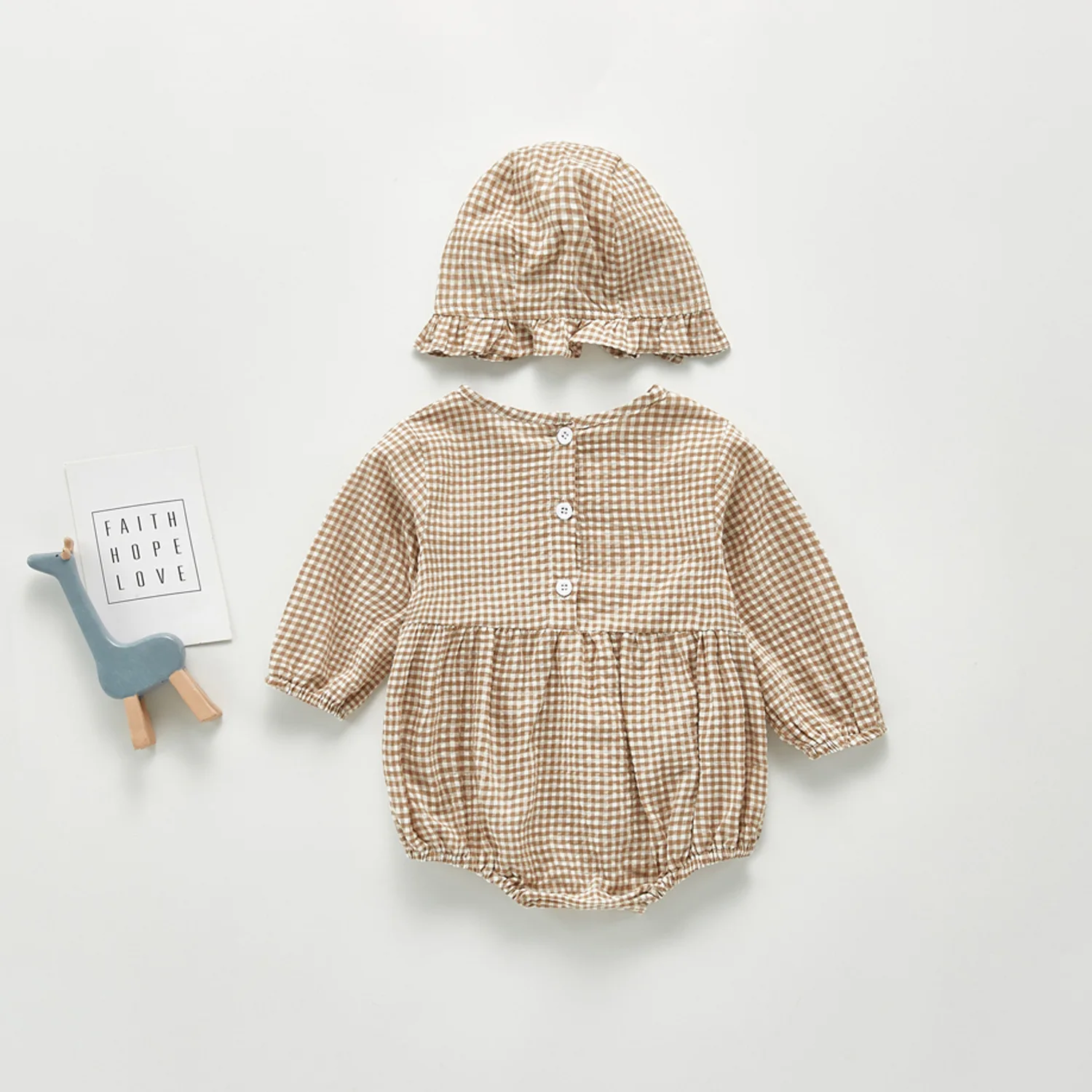 

2021 Newborn Infant Plaid Bodysuits Cute Cotton Long Sleeve Baby Girls Jumpsuit With Hat Baby Autumn Clothing