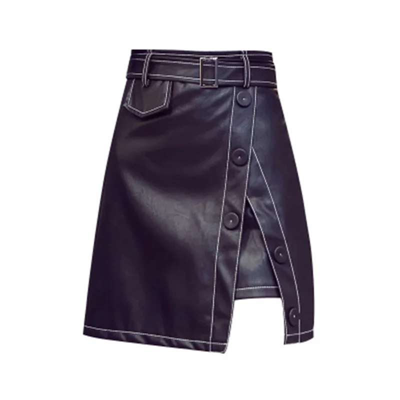 Женская миди юбка искусственная кожа черная высокая талия сексуальная скошенная