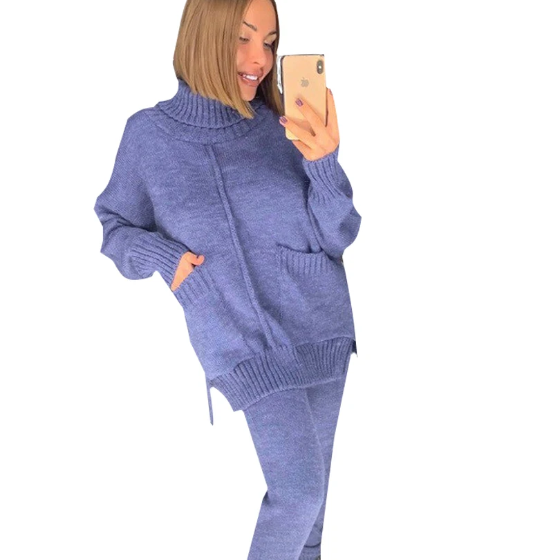 MVGIRLRU для женщин осень вязаный комплект из двух предметов средней длины на подкладке с разрезом карманы свитер+ брюки костюмы
