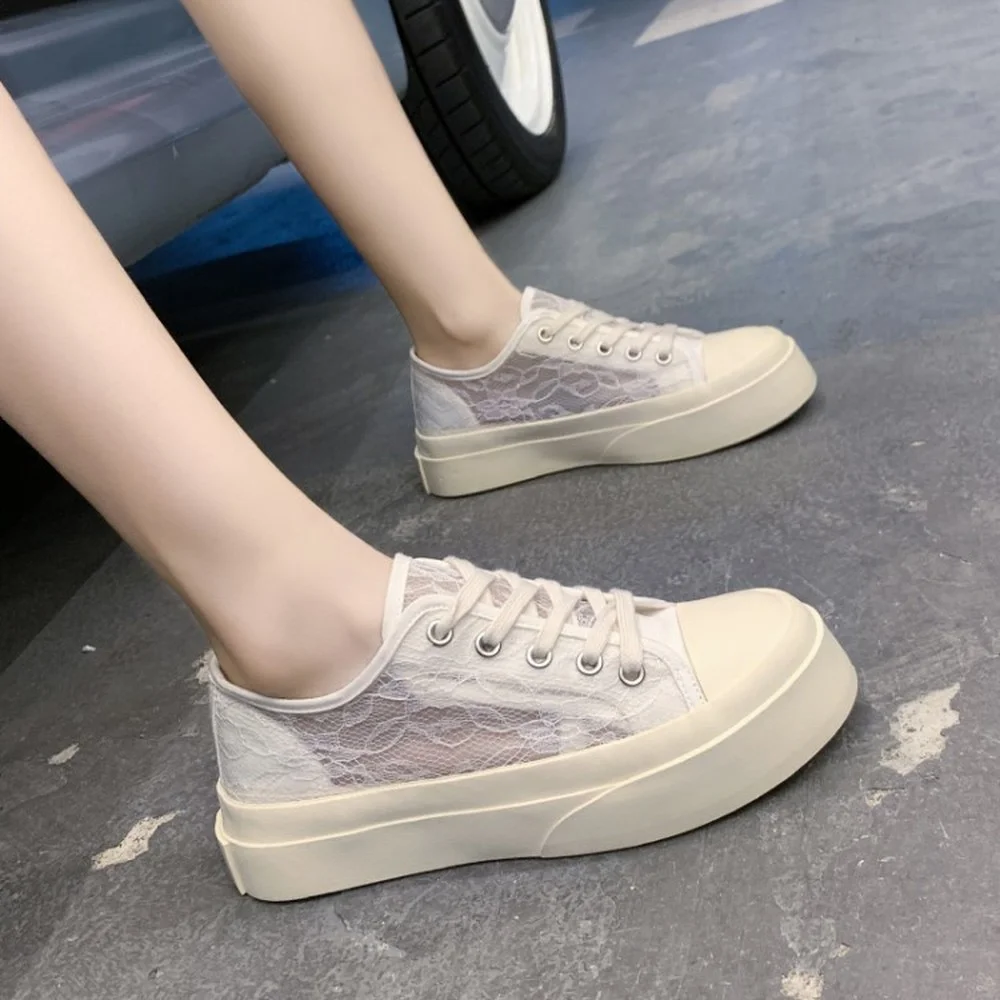 

Womens Mesh Lace Round Toe Lace Up Sneakers Platform Casual Shoes Breathable Summer Girls 3Colors New 2021