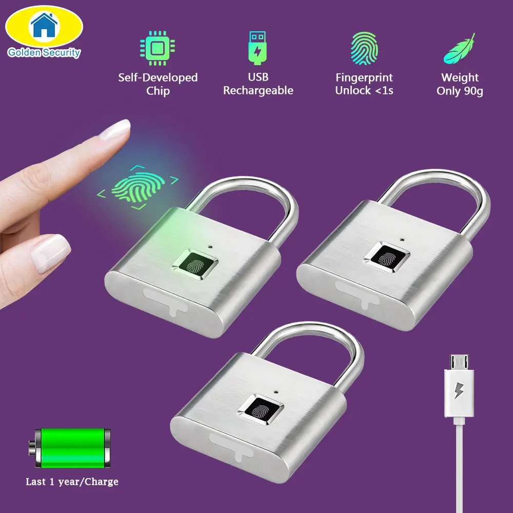 Золотой замок безопасности, 3 шт., без ключа, отпечаток пальца, USB Перезаряжаемый замок для дома, саморазвивающийся чип, цинковый сплав, металлический дверной замок