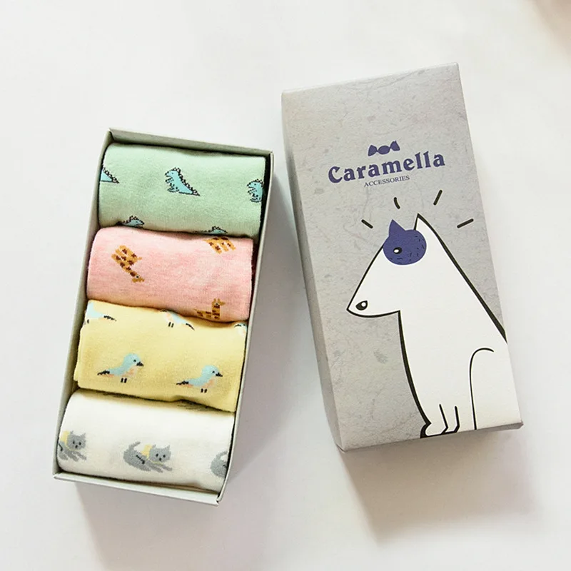 CARAMELLA/весна-лето, новые стильные женские носки с маленькими животными, 4 пары, Подарочная коробка для платья, носки, женские носки без рисунков, Colle - Цвет: Gift Box 3