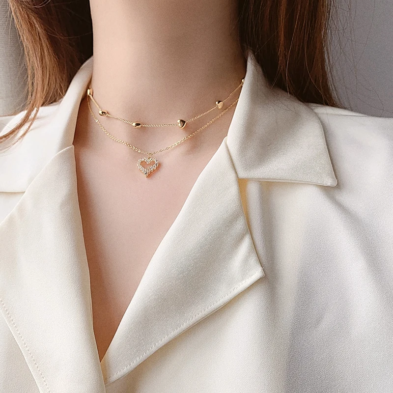 Модное современное ожерелье-чокер Двухслойное ожерелье в форме сердца золотого