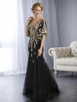 sexy v neck long black mother of the bride dresses with champagne appliques mermaid short sleeve formal women party dress