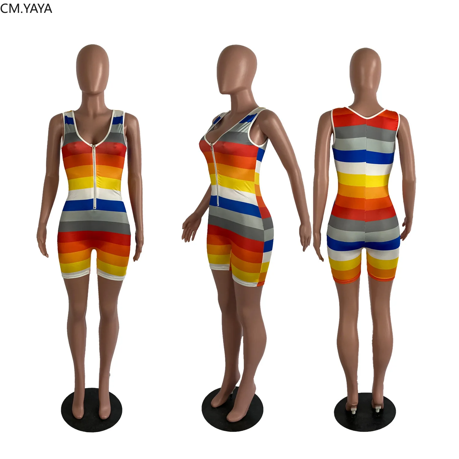 CM.YAYA Summer Women Rainbow Striped Zipper Up Sleeveless Bodycon Bodysuit Knee Length One Piece Romper Playsuit Jumpsuit |