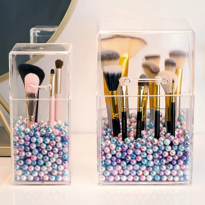 

New 1pc Fashion Makeup Brush Holder Transparent Acrylic Organizer With Dustproof Cover And Pearl 4 Styles