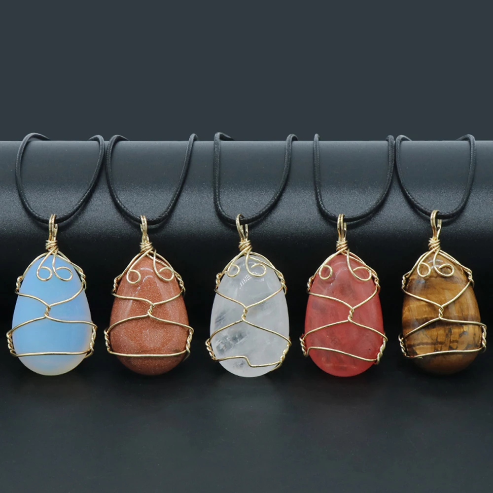 

Natural SemStone Rose Quartz Agates Opal Water Drop Around Gold Wire Pendant Necklace For Woman Jewelry Making Accessories Gift