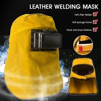 cowhide welder mask sparkproof leather hood protect welding helmet filter lens yellow solder slag mars arc tig mig head mounted