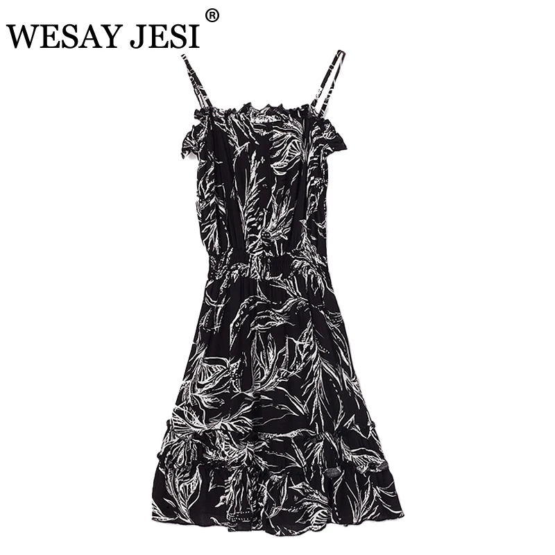 

WESAY JESI Women's Dress Sexy Spaghetti Decor Boho Floral Print Belted Mini Dress Women 2021 Summer Beach Sea Sundress Hot