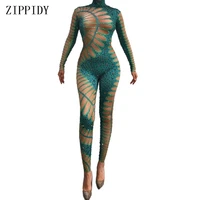 fashion rhinestones green nude jumpsuit sexy stretch dance bodysuit performance party celebrate stage show costume wear