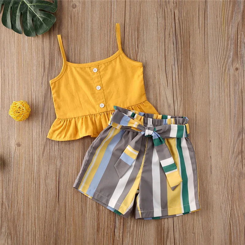

1-6Y Infant Baby Girls Clothes Sets Sling Single Button Ruffles Sleeveless Vest Crop Tops+Striped Print Shorts Trousers Outfits