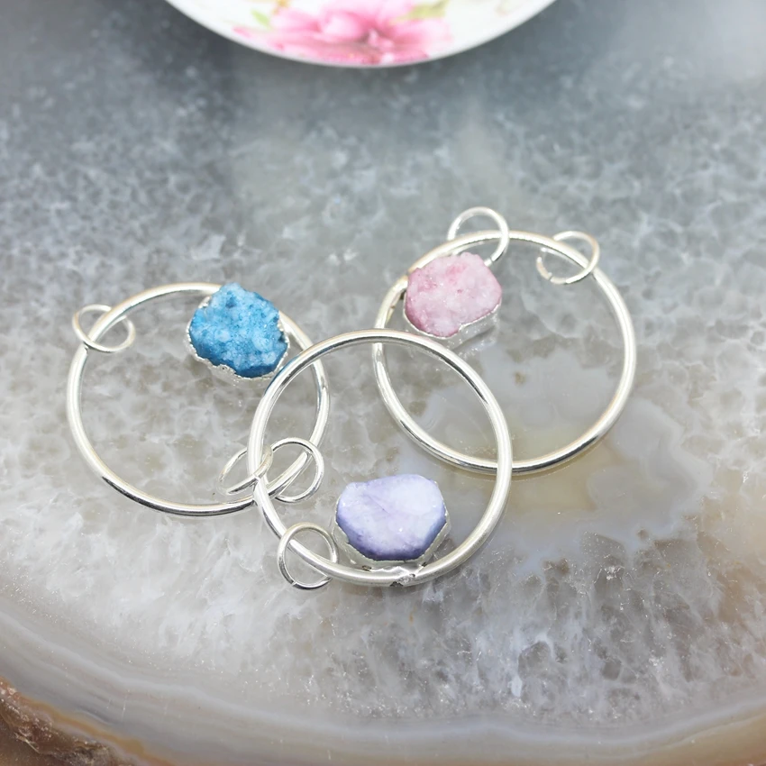 

5pcs/lot,Natural multicolor Crystal Quartz Pendants Necklace, Druzy Agates Circle silver Plated Key Accessory Jewelry wholesale