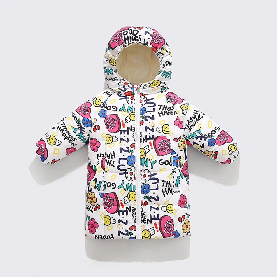 

Winter Jackets Graffiti Camouflage Parkas Boys Thick Long Coat Kids Clothes Cartoon Smiley Print Cotton Hooded Jacket Warm Coat