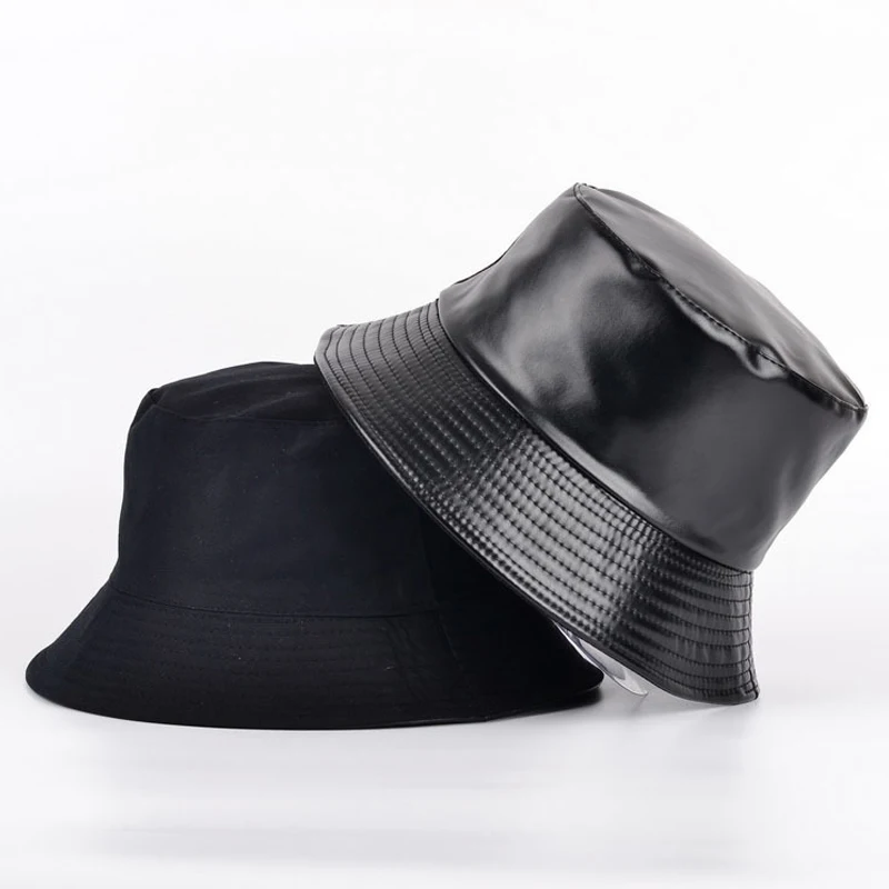

2021 New Faux Leather Waterproof Bucket Hat Women Reversible Pu And Cotton Soild Sun Hat Fashion Bob Panama Autumn Fisherman Hat