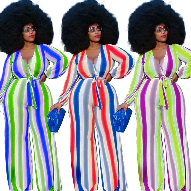 

2022 One Piece Outfit Fall Jumpsuit Women Plus Size Long Sleeve Jumpsuits with Sashes Straight Pant Dropshipping Wholesale