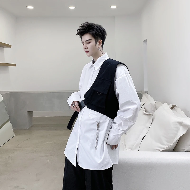 

NEW Men 2 Pieces Sets Shirt Vest Male Streetwear Hip Hop Fashion Casual Long Sleeve Shirt Cargo Waistcoat