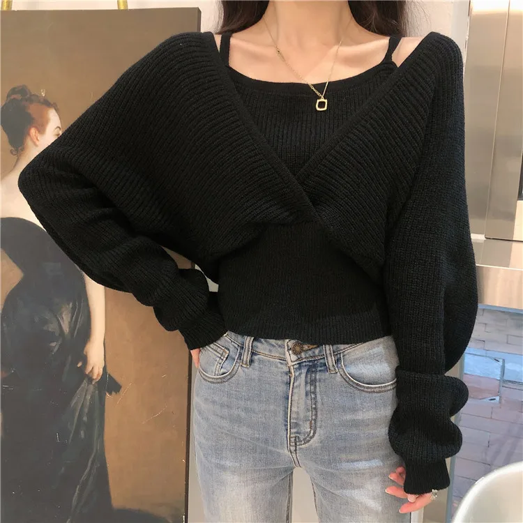 

2020 New Short Slim Women Pullover Knitwear Long Sleeve V-neck Sexy Strapless Knitted Tops Korean Pull Femme 6C488