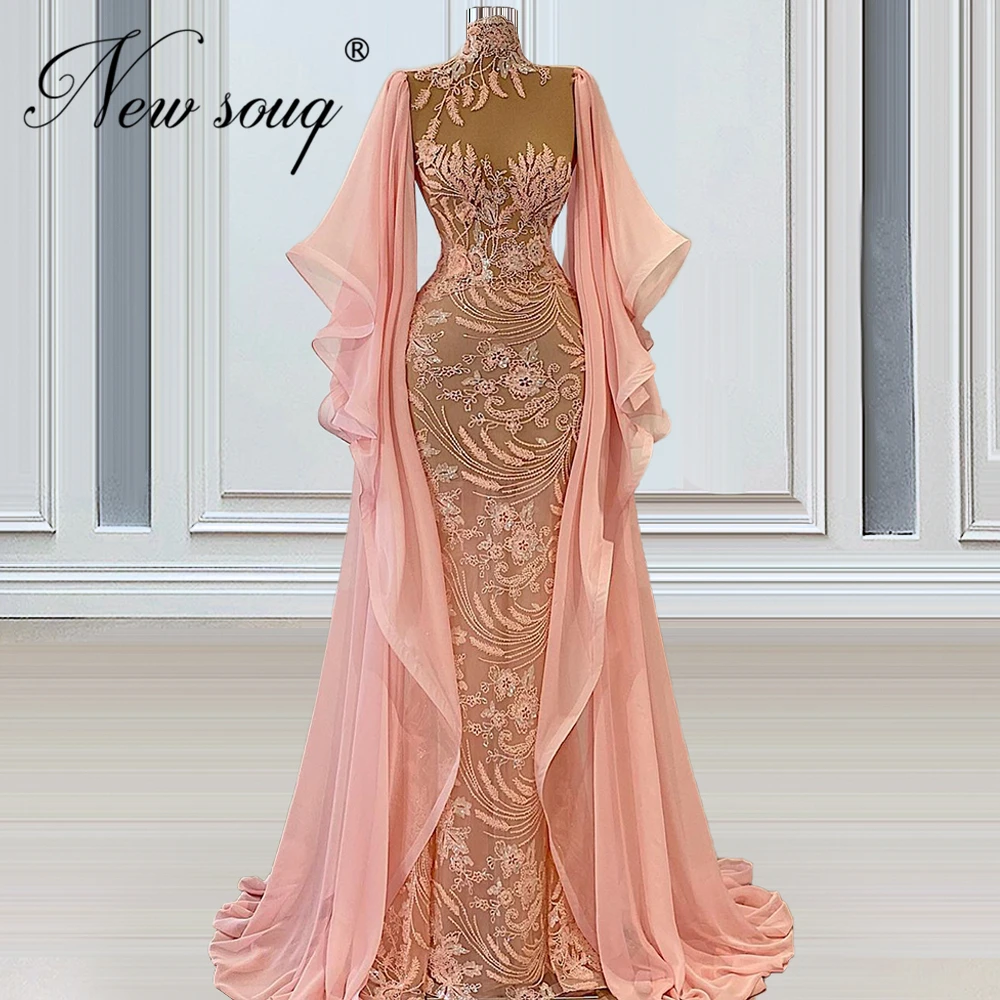 

Pink Embroidery Evening Dresses Middle East Elegant Party Dress 2021 Robe De Soiree Long Arabic Dubai Beaded Women Evening Wear