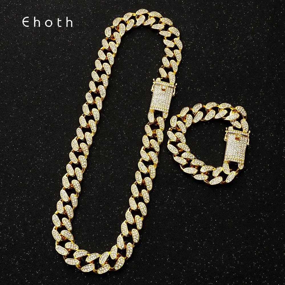 20mm Heavy Hip Hop Iced Out Miami Cuban Link Chain for Mens Bling Full Crystal Rhinestone Gold Silver Necklace Jewelry Bracelets