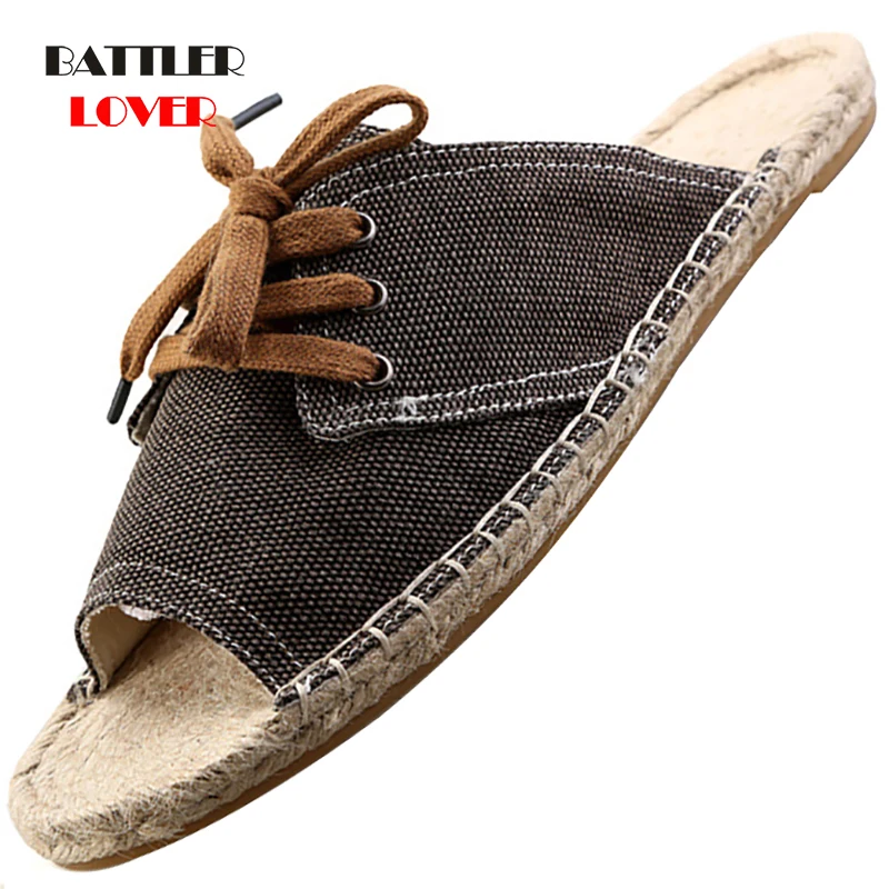 

Summer Canvas Shoes for Men 2021 Fashion Sandals Flip Flops Casual Lace Up Breathable Male Hemp Sandalies Hombre Beach Slippers