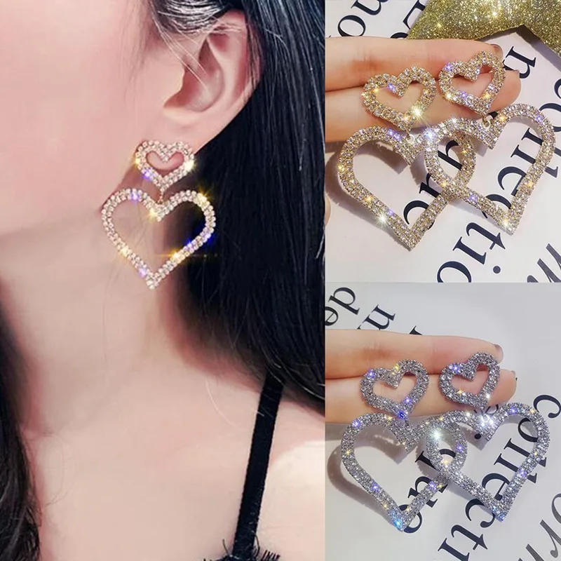 Двойные серьги подвески в форме сердца с цирконом 1 пара|Серьги-подвески| |