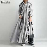 fashion maxi dress zanzea women striped patchwork sundress casual autumn long sleeve lapel neck long shirt vestidos kaftan robe