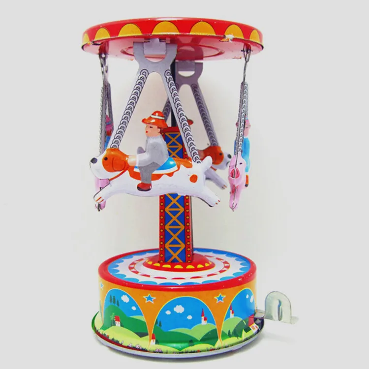 

[Funny Adult Collection Retro Wind up toy Metal Tin amusement park carousel Rotating animal Mechanical Clockwork toy figure gift