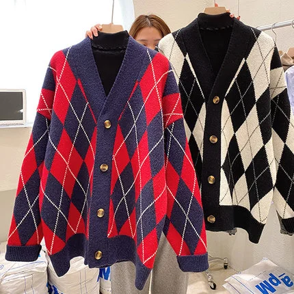 

Cmaz Zhou Baizi Foryou/autumn 2021 New Women's Retro Hit Color Diamond Lattice Women's Knitted Sweater Coat