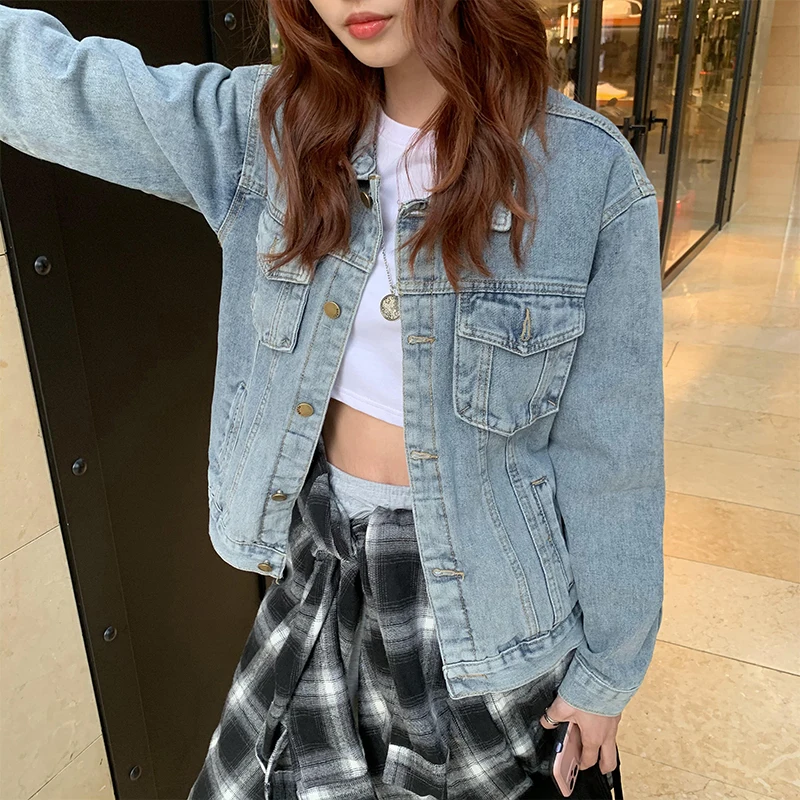 

Retro Feminine Denim Jacket Casual Loose Simple 2021 Elegant Turn-down Collar Single Breasted Autumn Coat Jackets